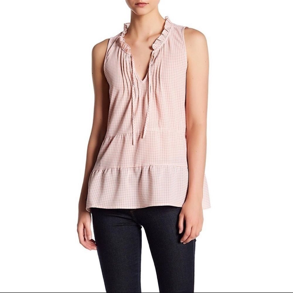 sanctuary S Romy Pink White Gingham Sleeveless Tiered Front Tie Neck Blouse